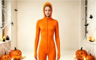 2026 Halloween Orange Full Body Hooded Zentai Suit Unisex Zipper Bodysuit