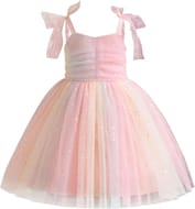 JiAmy Girls Bow Strap Sequin A-Line Tulle Dress 80 Pink