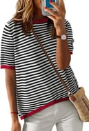PASUDA Women's Short Sleeve Round-Neck Striped Knit Tee Black XL
