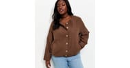Curves Dark Brown Linen Button through Bomber Jacke