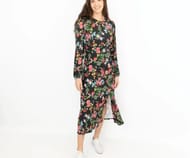 Oasis Slinky Black Jersey Floral Long Sleeve Split Midi Dress