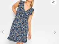 M&Co Blue Floral Print Frill Sleeve Mini Dress (Size 10 Only )
