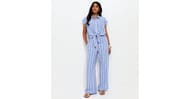 Blue Striped Drawstring Wide Leg Trousers