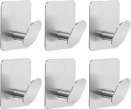 Self Adhesive Hooks, 6 Pack Silver Stainless Steel Towel Hooks for Shower